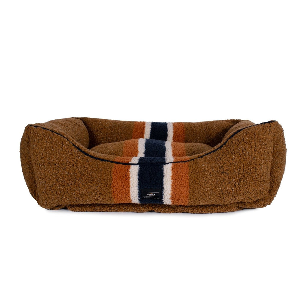 Shinola Brand Stripe Kuddle Berber Dog Bed Rust